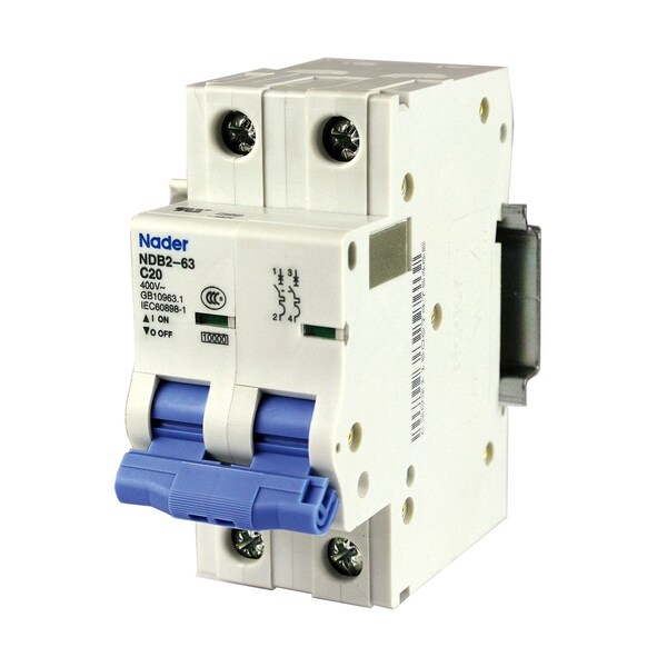 2 Pole, 20A, 480V AC, Trip Curve: C, DIN Rail Mount-Miniature Circuit Breaker, 36mm Width, UL1077