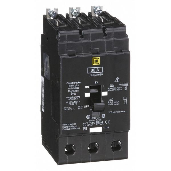 Miniature Circuit Breaker, EGB Series 80A, 3 Pole, 277/480V AC