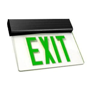 LED Edgelit Exit Sign- Surface Mount Black Aluminum Canopy with ClearPanel and Green Lettering - With Battery Back-Up