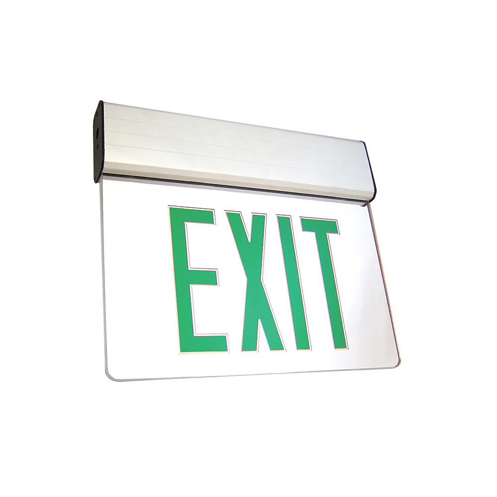 LED Edgelit Exit Sign- Surface Mount White Aluminum Canopy with Clear Panel and Green Lettering - With Battery Back-Up