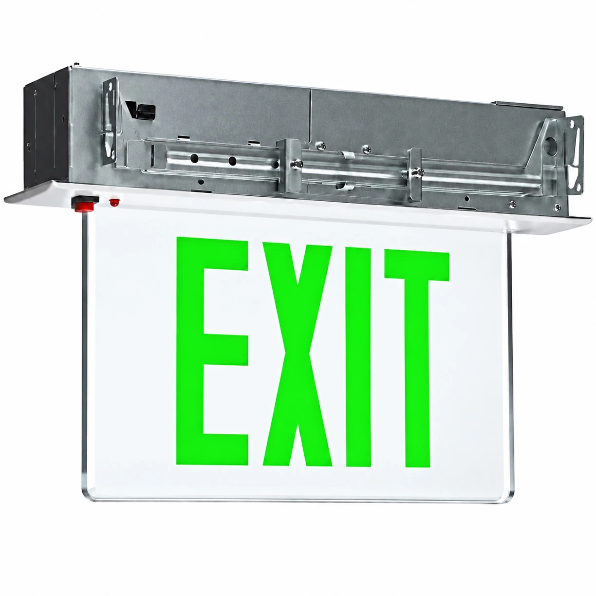 Superior Lighting RELZXTE-1-G-C-A-EM - LED EdgeLit Exit Sign Recessed Mount - Aluminum Trim Plate with Clear Panel and Green Lettering