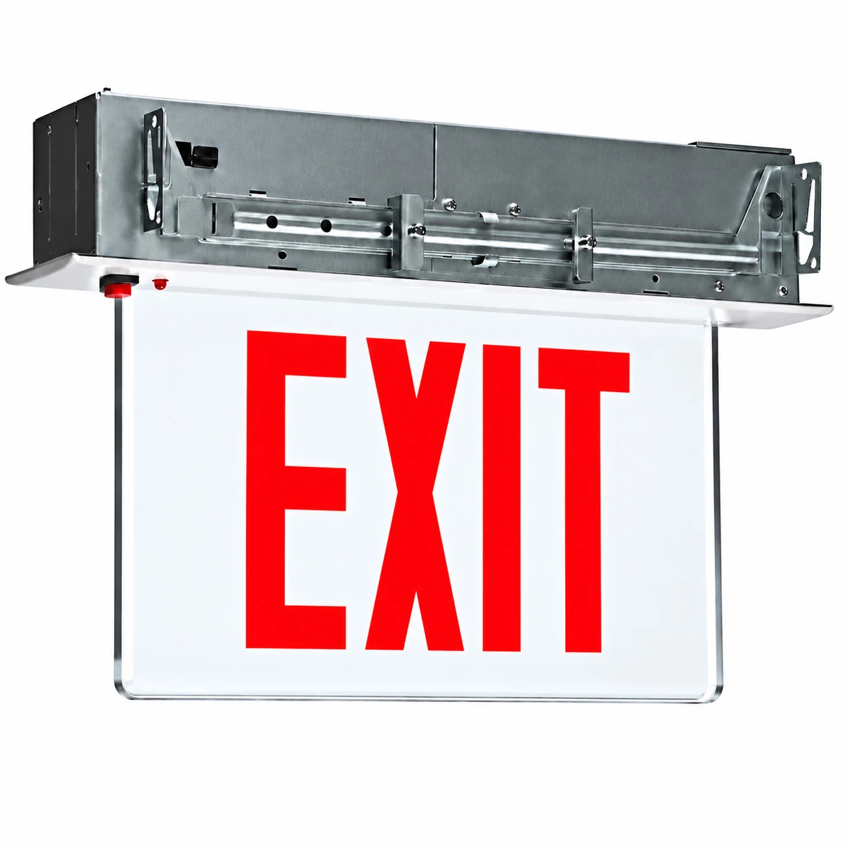 Superior Lighting RELZXTE-1-R-C-A-EM - LED EdgeLit Exit Sign Recessed Mount - Aluminum Canopy with Clear Panel and Red Lettering