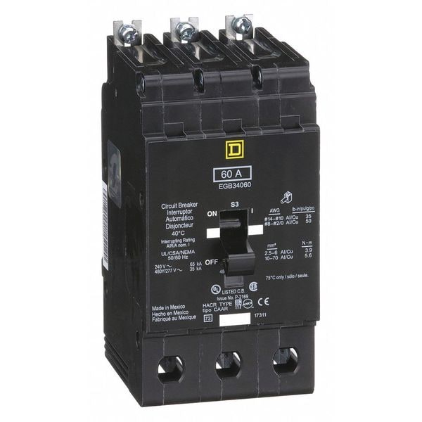 Miniature Circuit Breaker, EGB Series 60A, 3 Pole, 277/480V AC