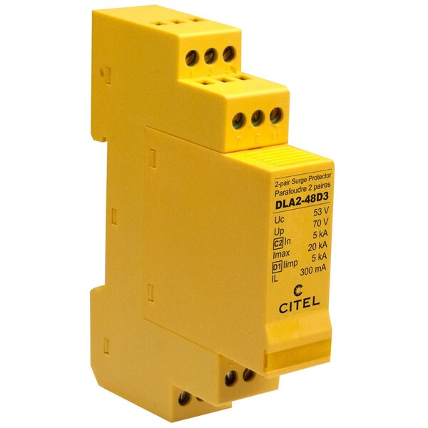 Dual Pair DIN Rail Data Line Protector, 1-Pair (4 Wire+ Ground), 48V, Ul 497B - DLA2-48D3