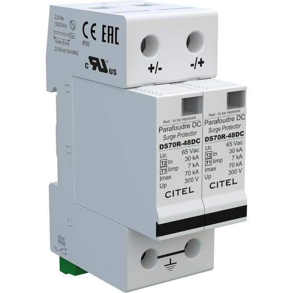 DIN Rail Dc Protector, 48Vdc, 2W+G, 70Ka Imax, Ul1449 Type 4Ca - DS72RS-48DC