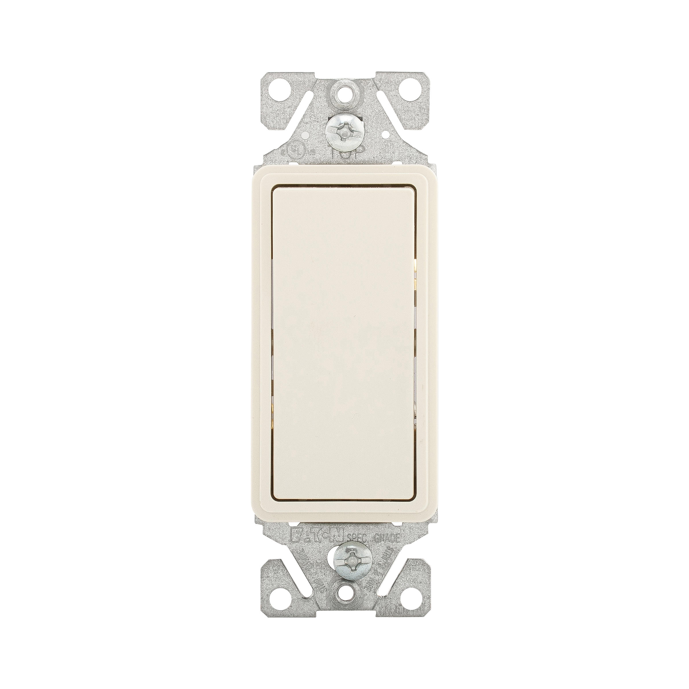 Eaton Standard Grade Decorator Switch, #14-12 Awg, 15A, Flush, 120/277V, Back/Push, Decorator, Light Almond, Motor Control, Fan, Led, Incand, Elv,Mlv,Cfl, Florscnt, Halogen, Three-Way, Thermoplastic