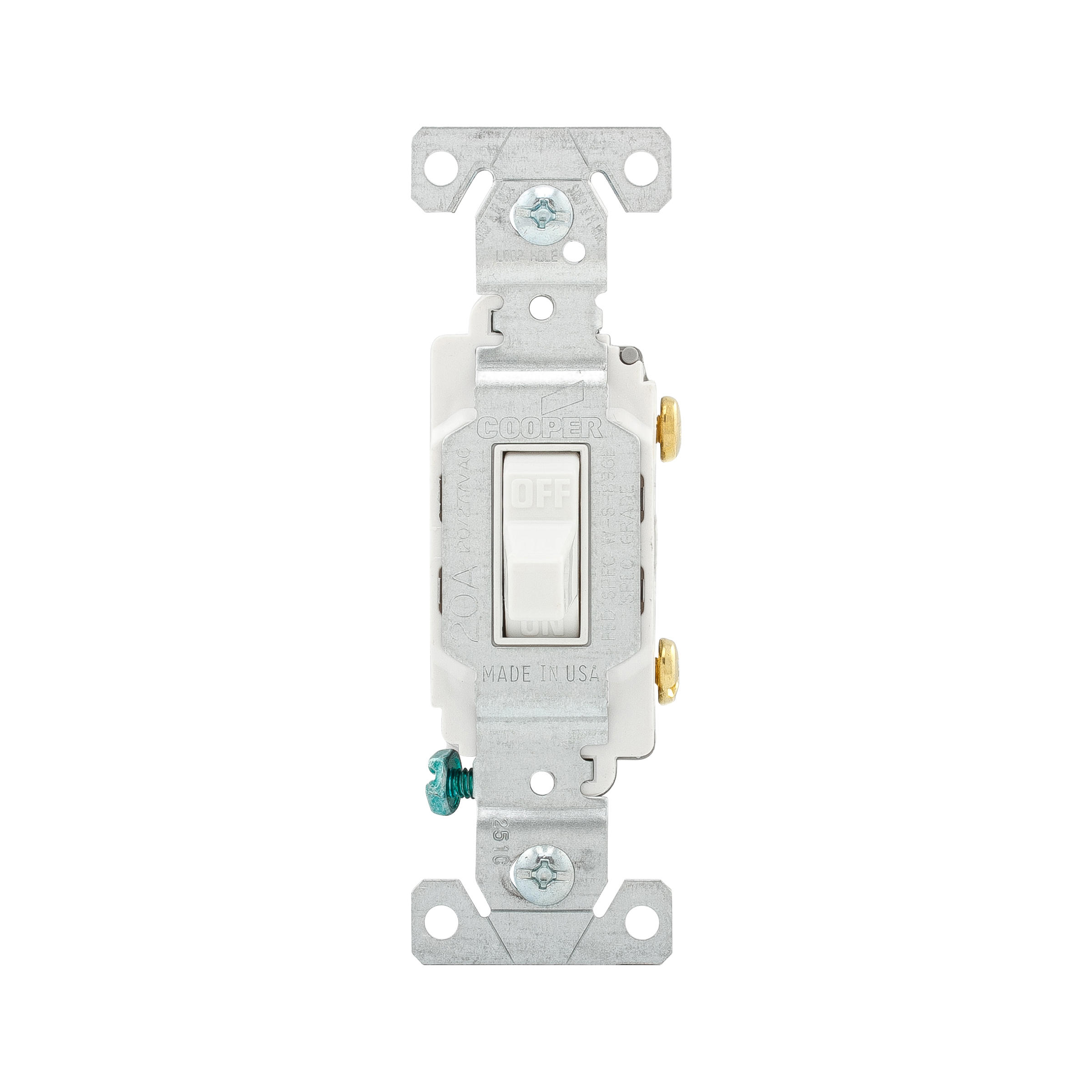 Eaton Commercial Grade Toggle Switch, #14-10 Awg, 20A, Commercial, Flush, 120/277V, Side Wire, Screw, White, Load Type: Motor Control, Fan, Led, Incandescent, Elv, Mlv, Cfl, Flourescent, Halogen, Single-Pole, Single-Pole, Brass, Pvc