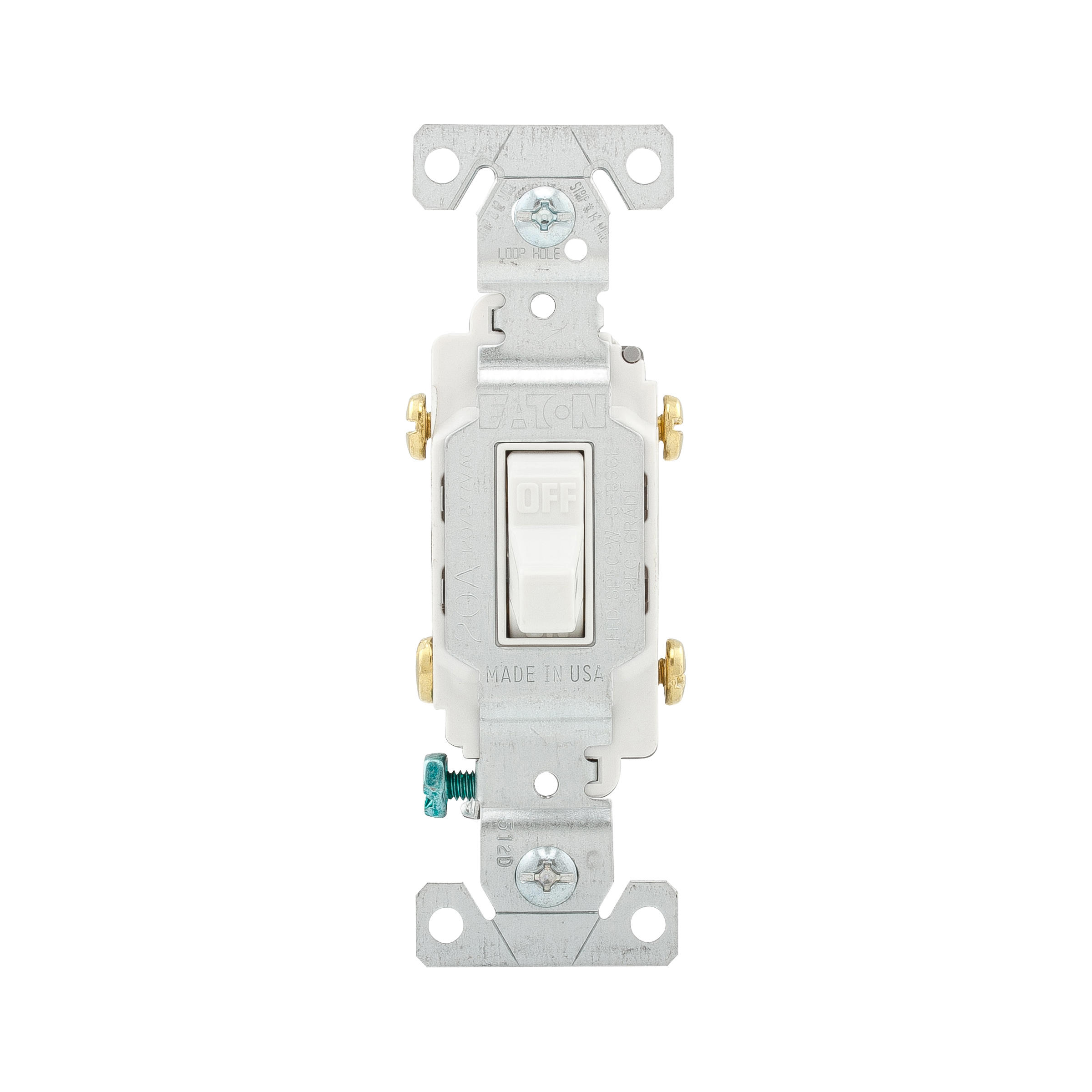 Eaton Commercial Grade Toggle Switch, #14-10 Awg, 20A, Commercial, Flush, 120/277V, Side Wire, Screw, White, Load Type: Motor Control, Fan, Led, Incandescent, Elv, Mlv, Cfl, Flourescent, Halogen, Double-Pole, Dual-Pole, Brass, Pvc