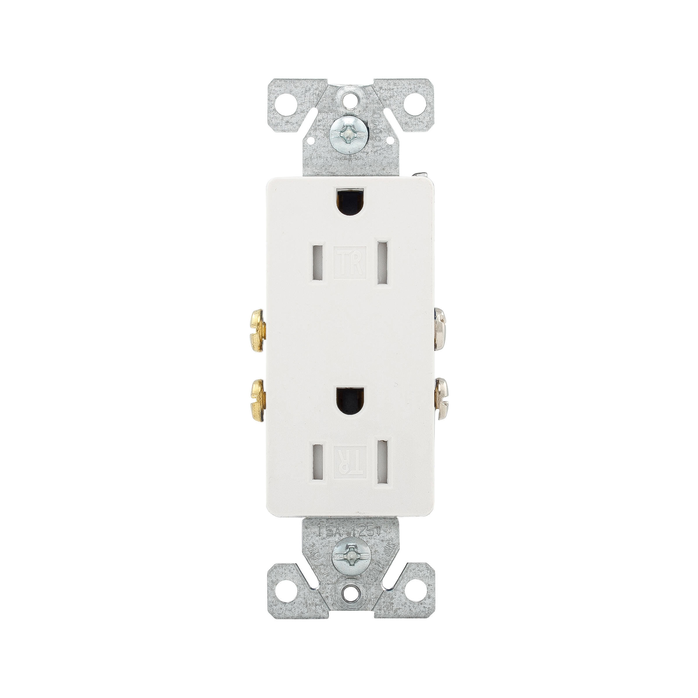 Eaton Residential Grade Decorator Duplex Receptacle, #14-10 Awg, 15A, Flush, 125V, Side And Push White, Brass, Impact-Resistant Thermoplastic Face, Pvc Body, 5-15R, Duplex, Screw, Thermoplastic, Core Pack, Tamper-Resistant