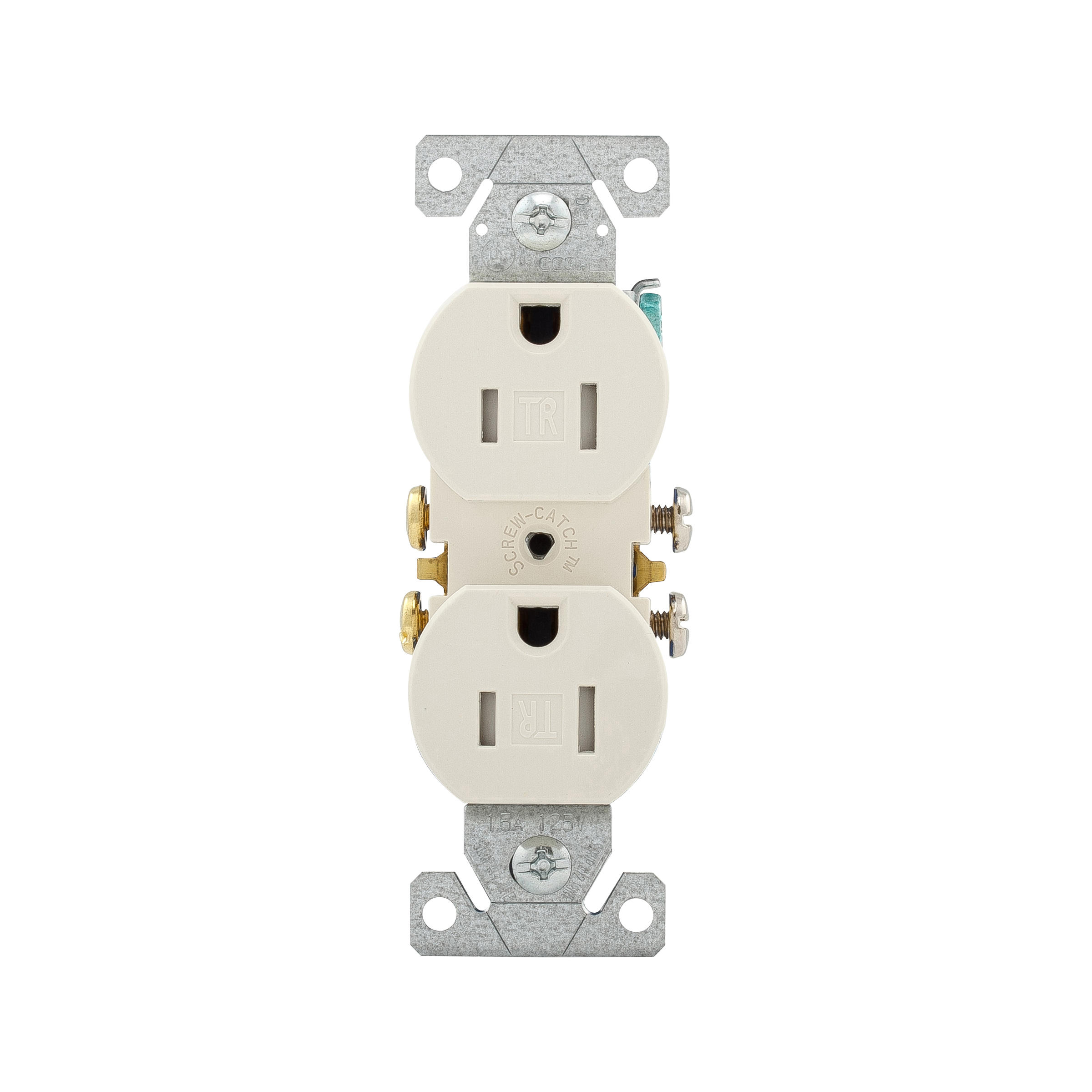 Eaton Residential Grade Duplex Receptacle, #14-10 Awg, 15A, Flush, 125V, Side And Push, Lt. Almond, Brass, Impact-Resistant Thermoplastic Face, Pvc Body, 5-15R, Duplex, Screw, Thermoplastic, Core Pack