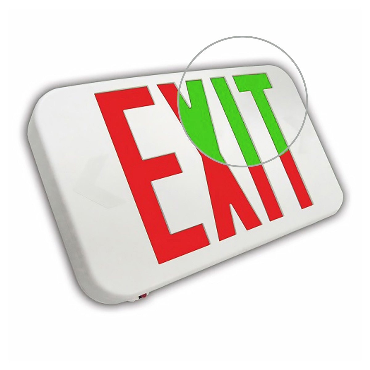 White LED exit sign, red and green selectable letters, battery backup, angled view