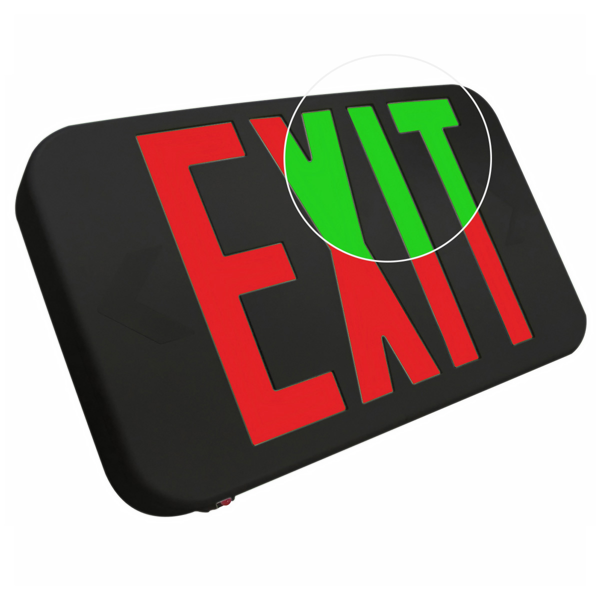 Black LED exit sign, red and green selectable letters, angled studio view