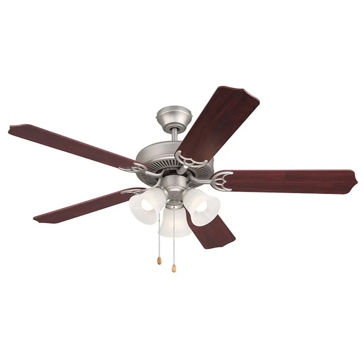 52 inch rosewood-silver finish 5-blade ceiling fan with triple glass LED lights, 3000K soft white output, pull chain control, studio image.