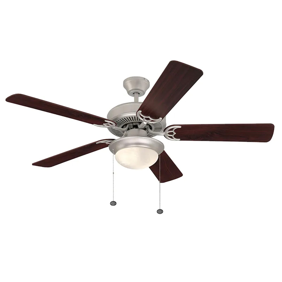 52 inch -Rosewood finish 5-blade ceiling fan with LED light, 3000K soft white illumination, pull chain control, studio image.