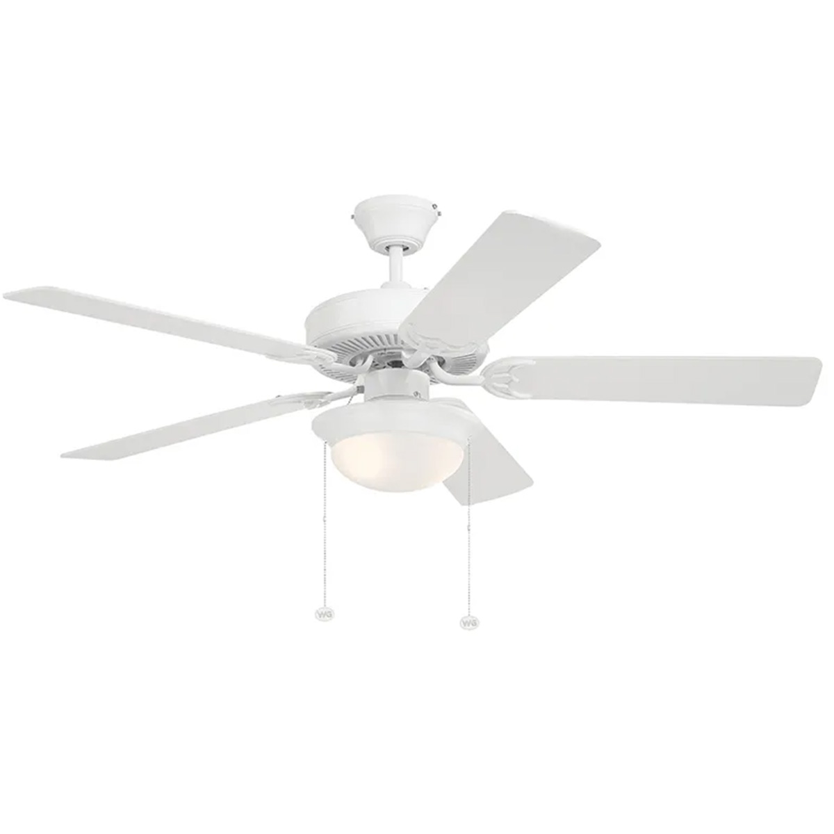 52 inch white finish 5-blade ceiling fan with LED light, 3000K soft white illumination, pull chain control, studio image.