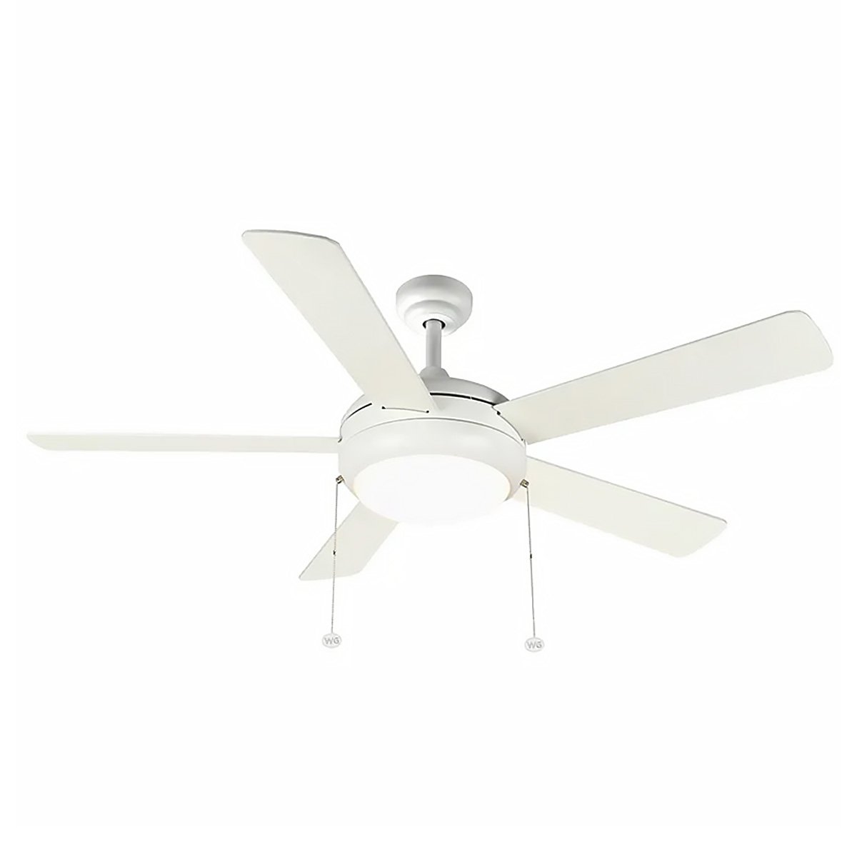 52" white finish ceiling fan with 5 plywood blades, 20W LED light, 3000K/4000K/5000K selectable, shown in clean studio image