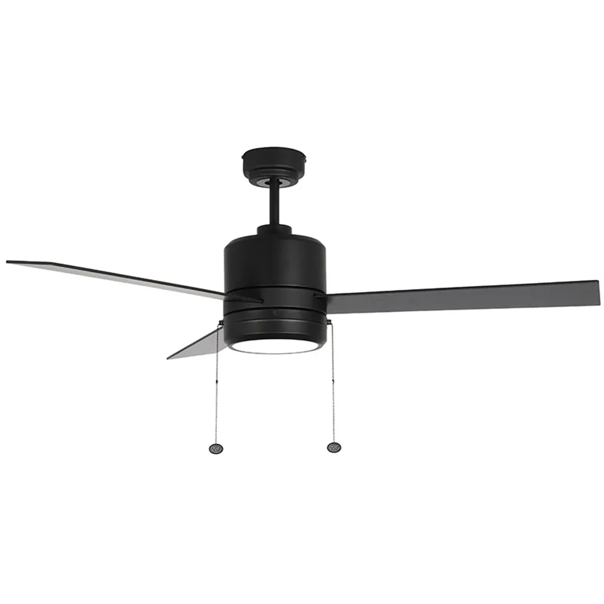 52 inch black finish 3-blade ceiling fan with LED light, color selectable 3000K, 4000K, 5000K, pull chain control, studio image.