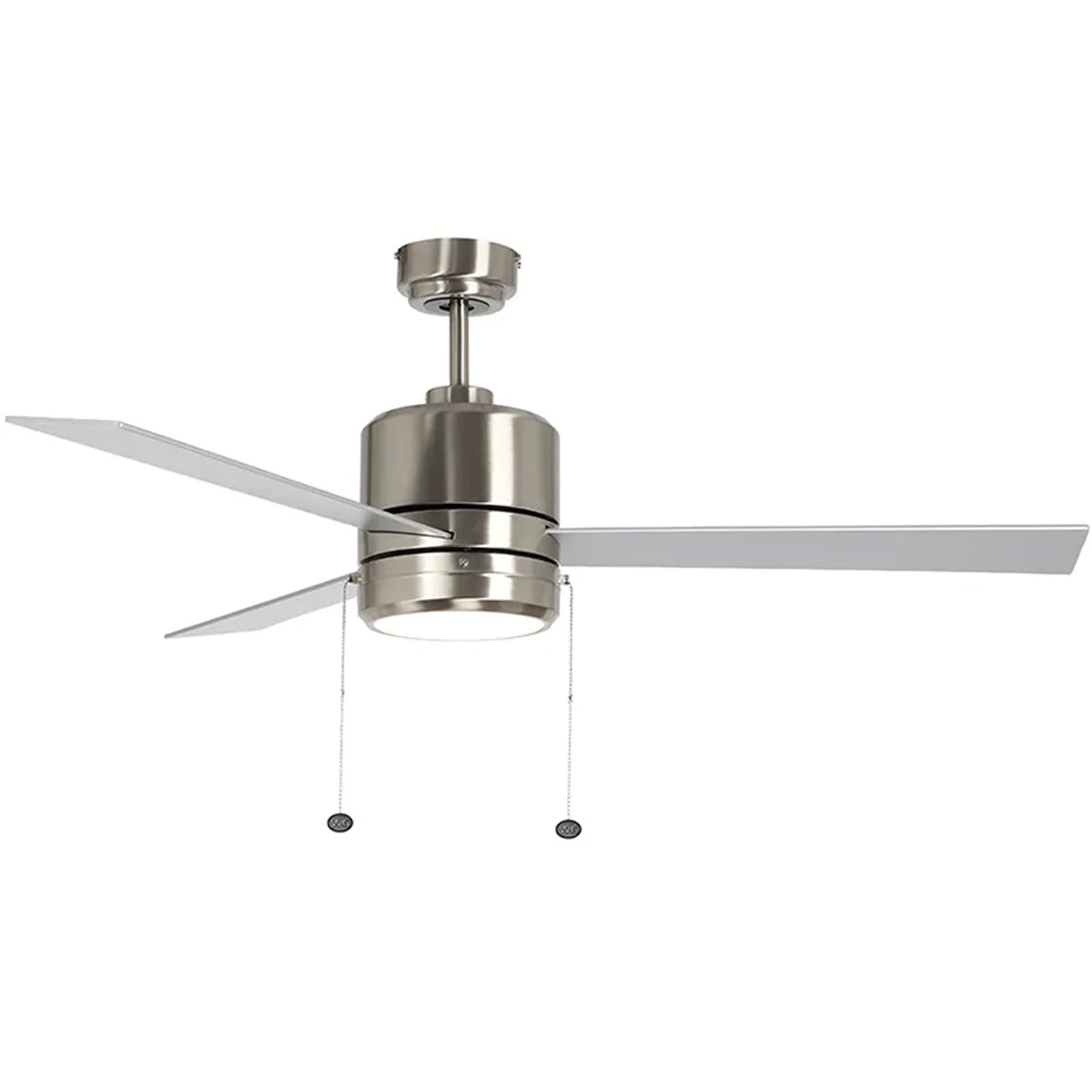 52 inch reversible rosewood and silver finish ceiling fan, 3 plywood blades, 20W LED light, color selectable, pull chain, studio image