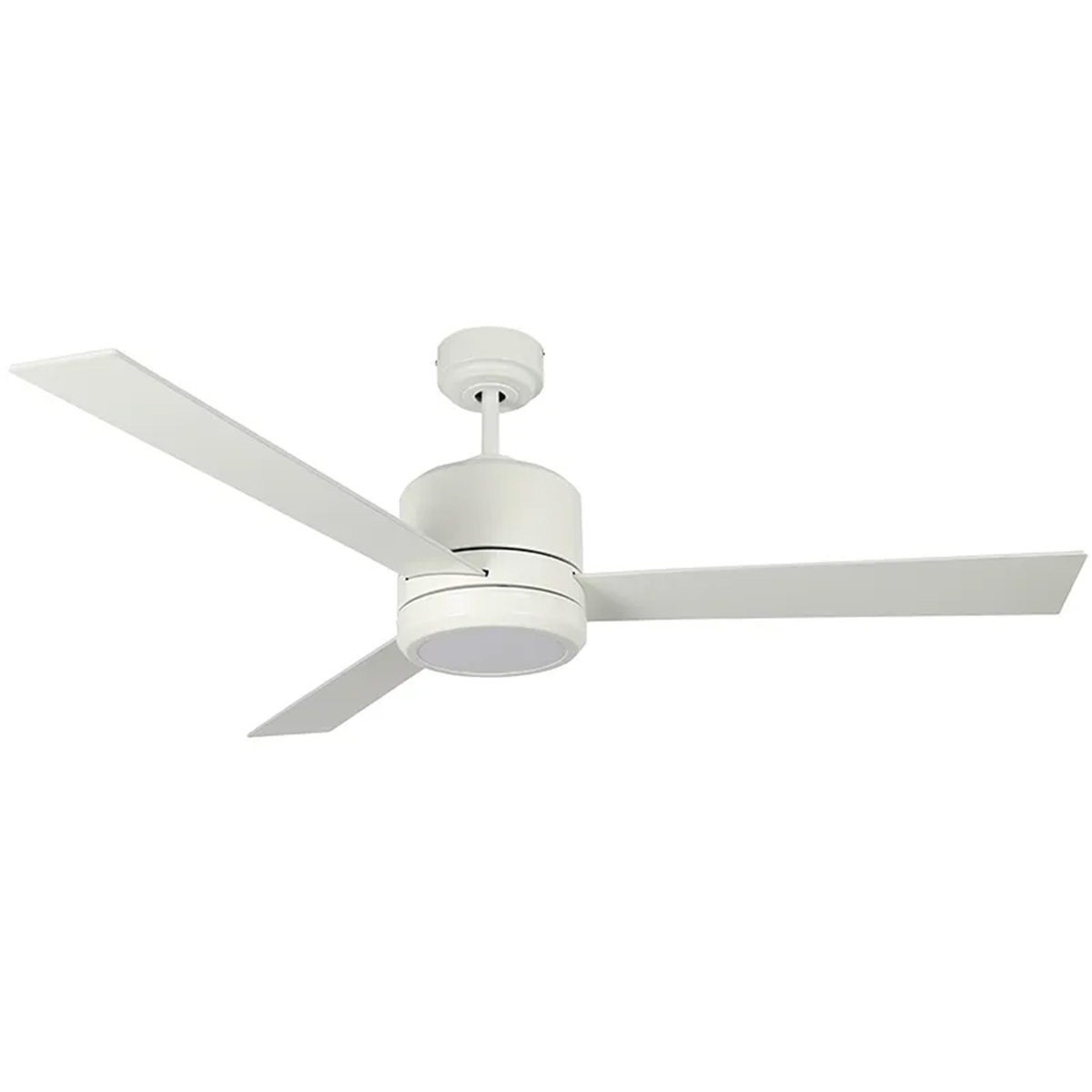 52 inch white finish 3-blade plywood ceiling fan with 19W LED light, 3000K soft white, wall switch included, studio image