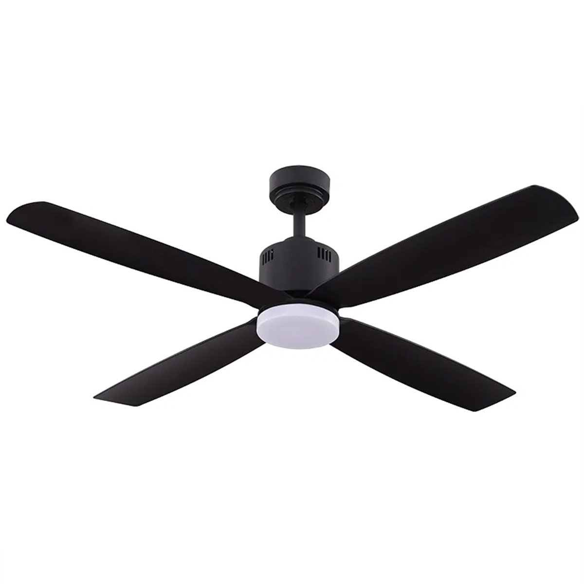 52 inch black finish 4-blade ceiling fan with 19W LED downlight, 3000K soft white, wall switch included, studio image