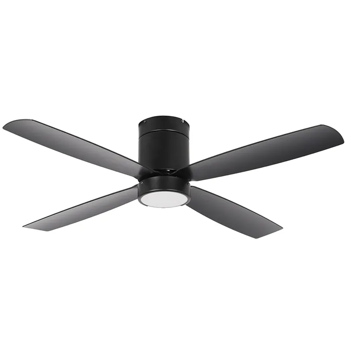 52 inch black finish 4-blade ceiling fan with 19W LED light, 3000K soft white, wall switch included, studio image