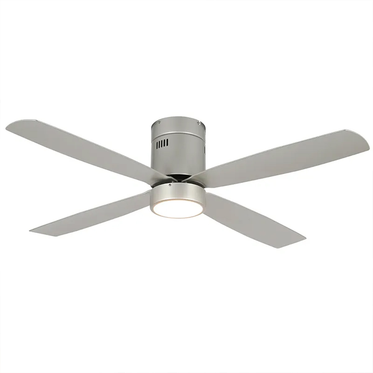 52 inch brushed nickel and silver finish 4-blade ceiling fan with 19W LED light, 3000K soft white, wall switch included, clean white background