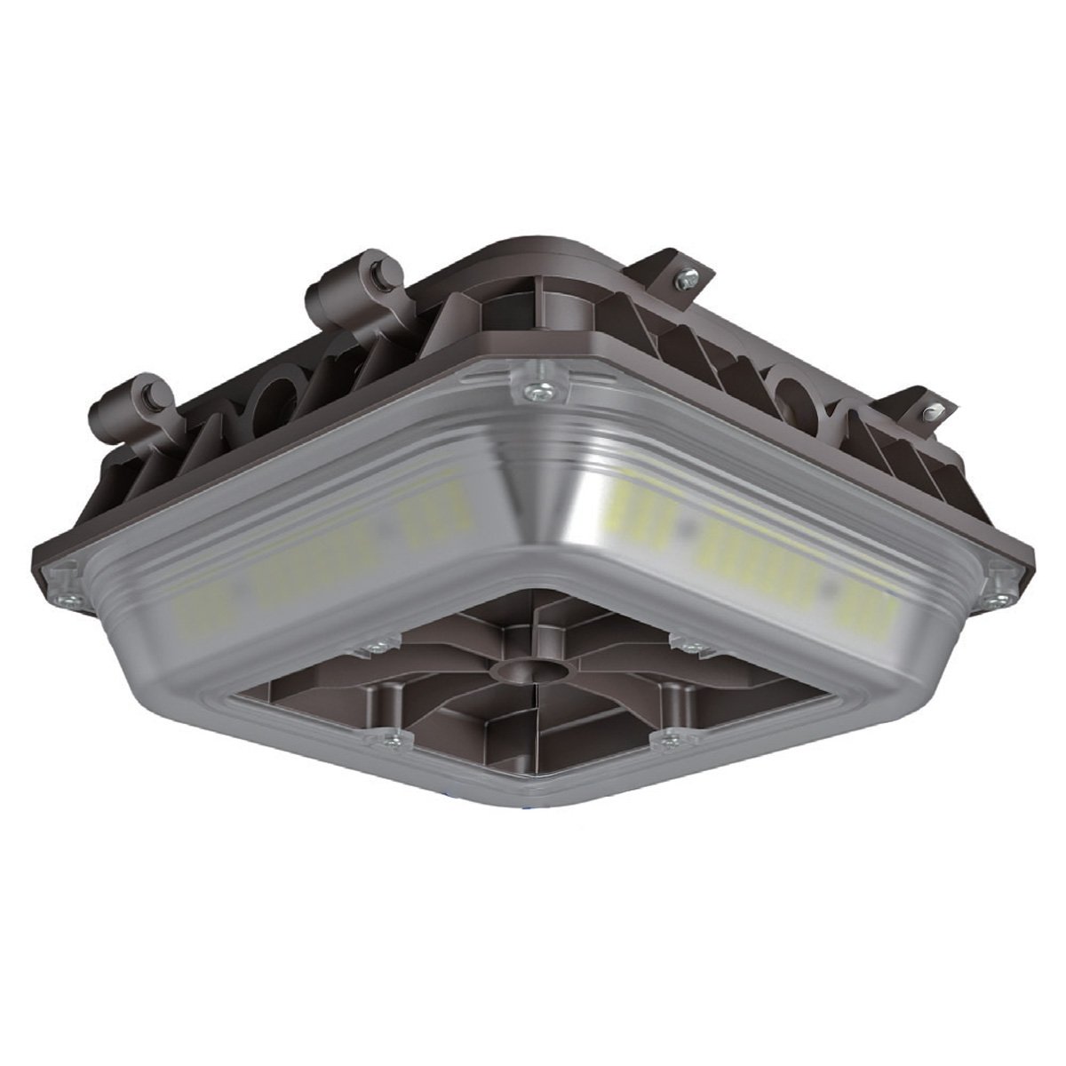 Square LED canopy fixture, bronze; wide beam, 28–70W selectable, up to 10,500 lm, 120–277V, emergency battery