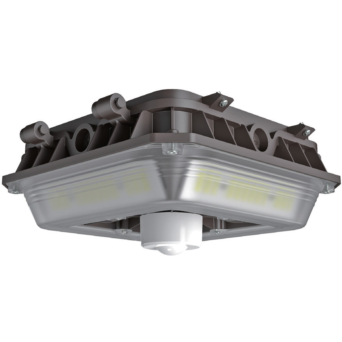 LED canopy light with integrated motion sensor, low-profile bronze housing, frosted lens, surface mount.