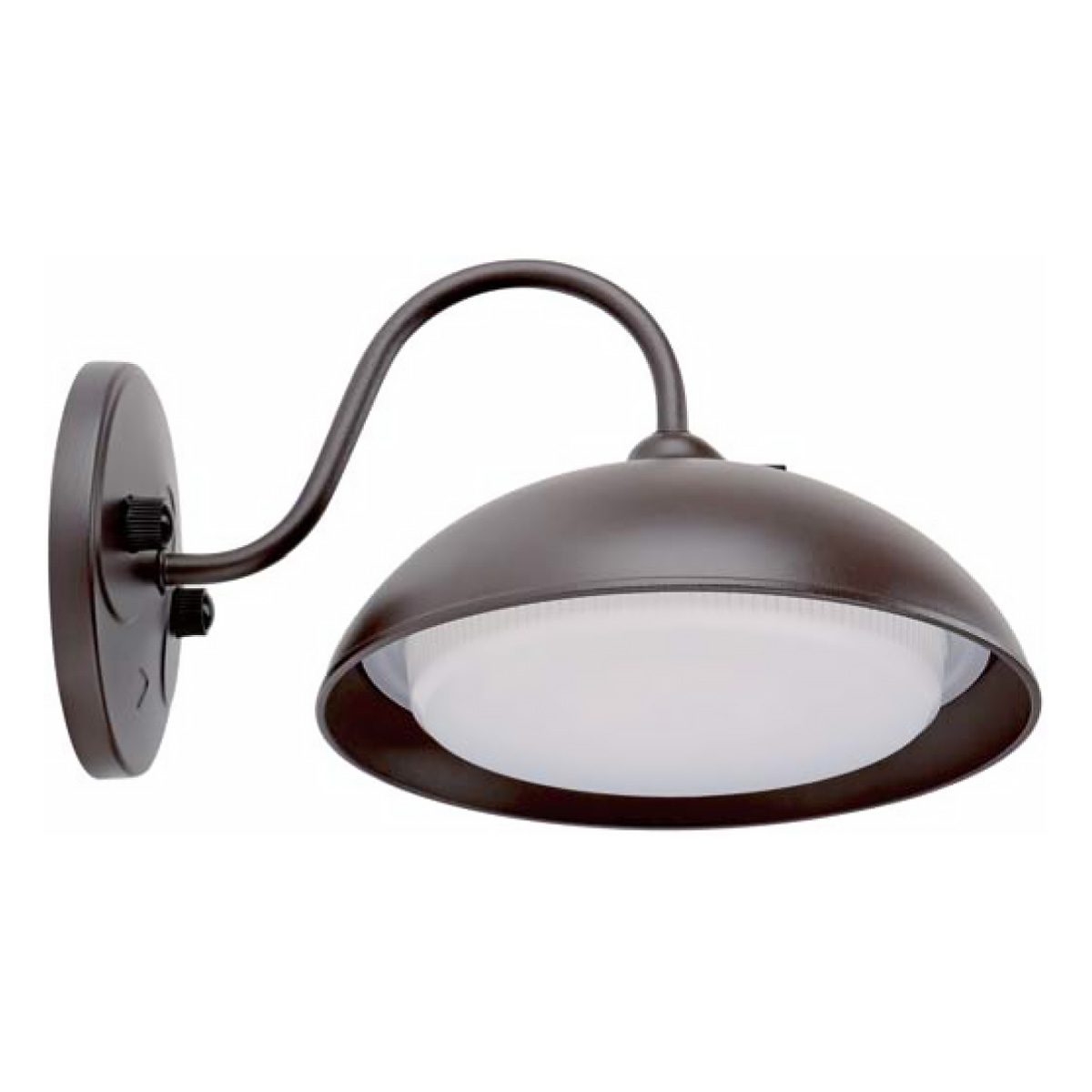 “LED outdoor gooseneck wall light, 12W, 1000 lumens, 5000K daylight, bronze finish with integrated photocell, studio image.