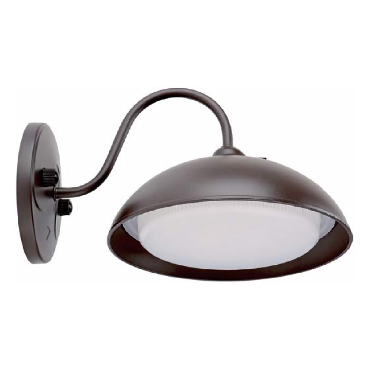 LED outdoor gooseneck wall light, 12W, 1000 lumens, 5000K daylight, bronze finish with integrated photocell, studio image.