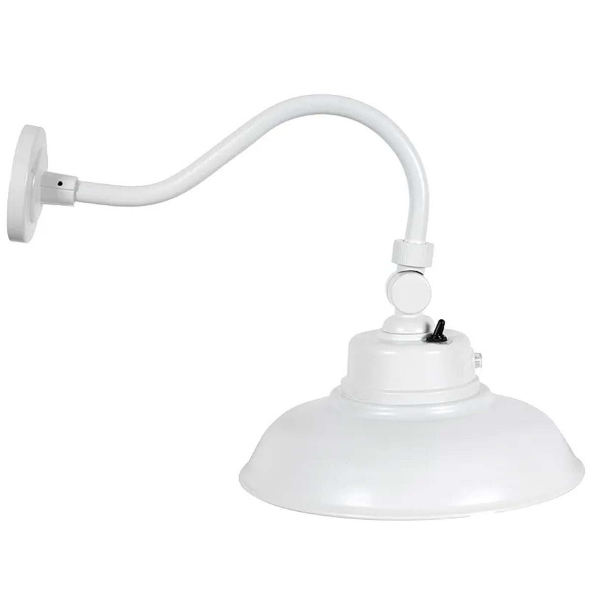 White barn goose neck light, 40W LED, multiple color temperatures.