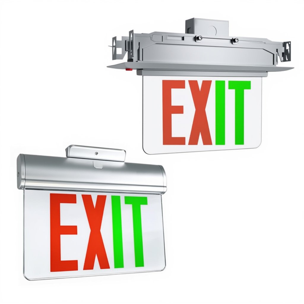 Plastic edge-lit LED exit sign, red and green selectable lettering, recessed and surface mount options, silver housing, studio image