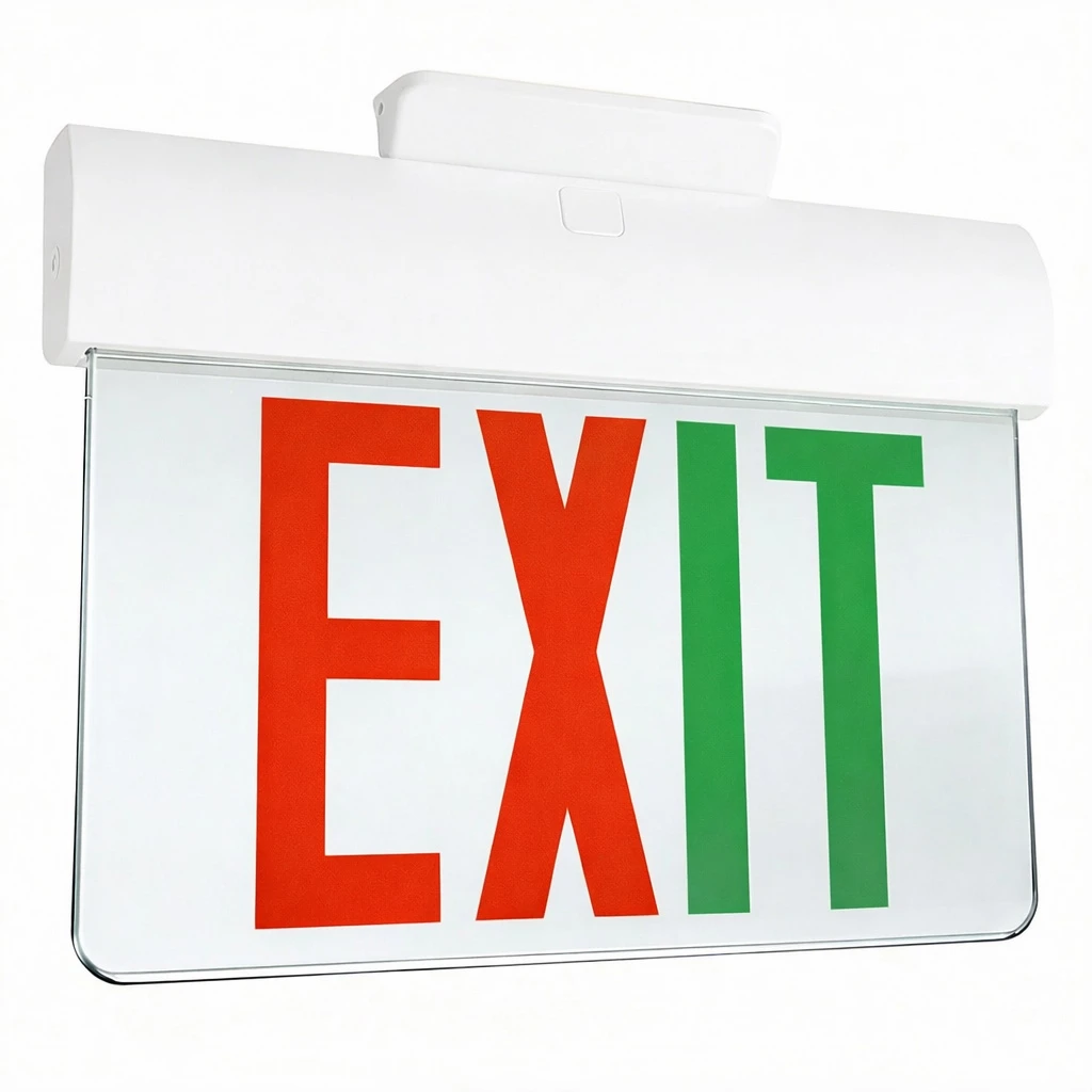 Plastic edge lit LED exit sign, surface mount, white housing, mirror panel, red, green lettering, studio image
