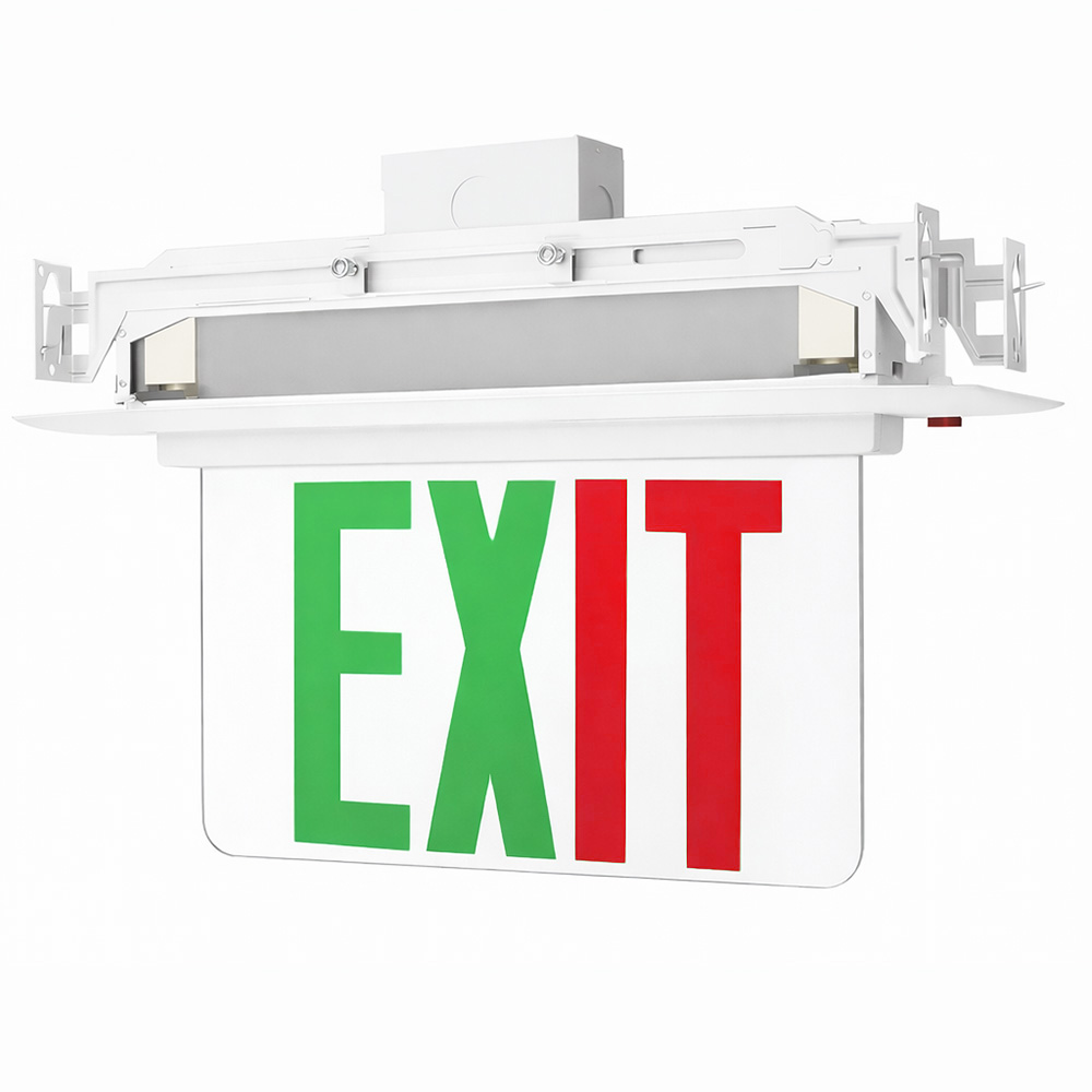 Plastic edge lit LED exit sign, recessed mount, white trim plate, mirror panel, green, red lettering