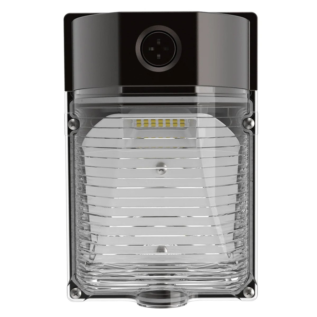 "LED mini wall pack with clear prismatic lens and built-in photocell, front view on clean white background, studio image.