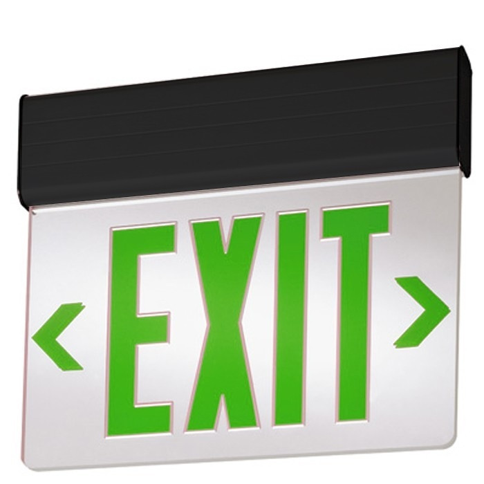 LED Edgelit Exit Sign- Surface Mount Black Aluminum Canopy with Mirror Panel and Green Lettering - With Battery Back-Up