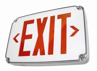 White LED wet location exit sign with battery backup, red lettering, studio image on clean white background