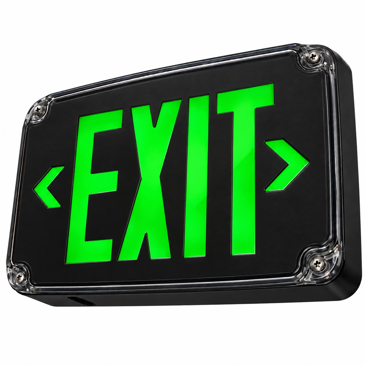 Black LED exit sign with battery backup, green letters, shown on clean white studio backdrop