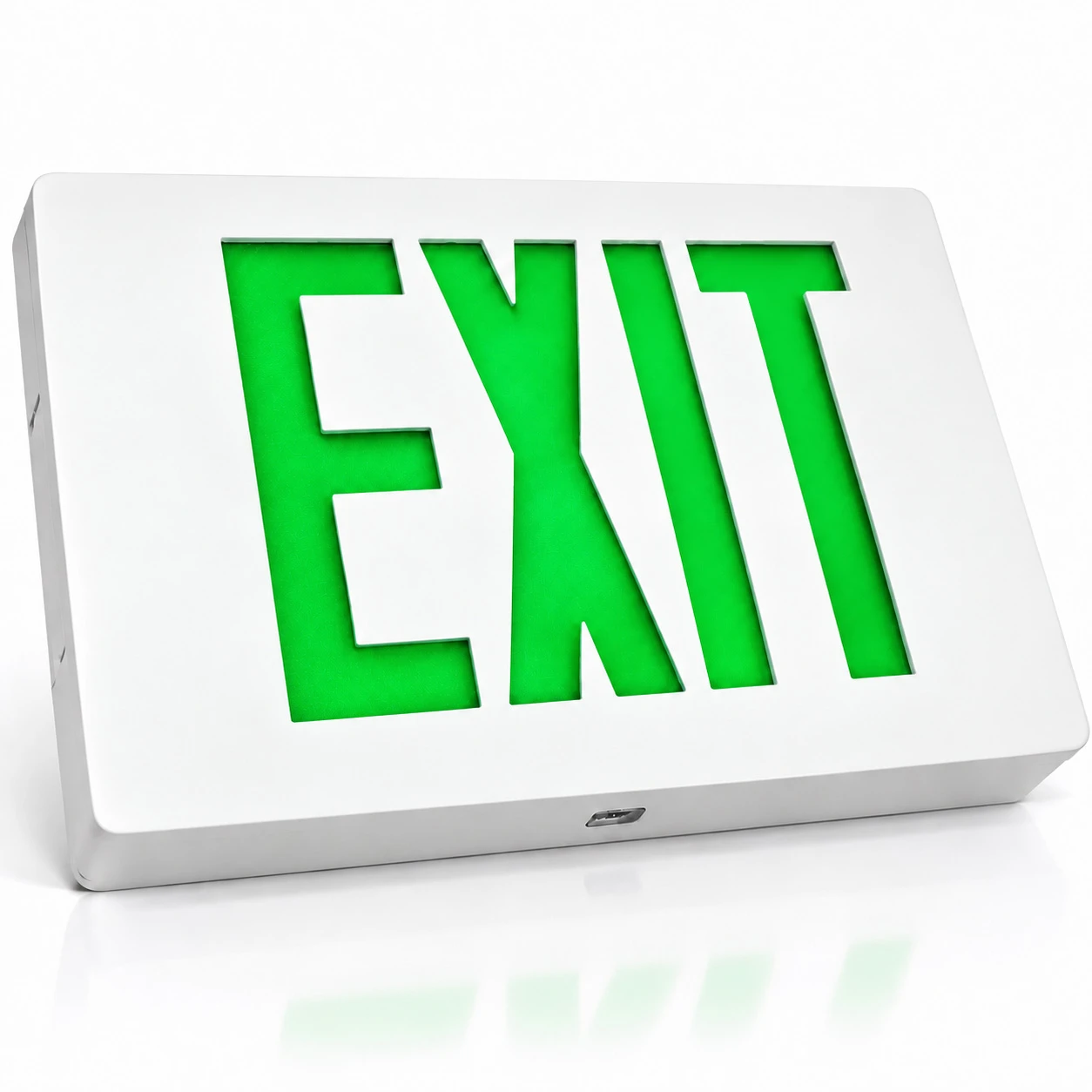 LED die-cast aluminum exit sign, green lettering, white housing, low-profile design