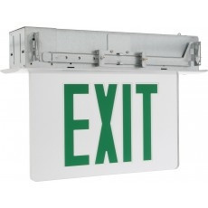 LED EdgeLit Exit Sign Recessed Mount - White Canopy with White Panel and Green Lettering
