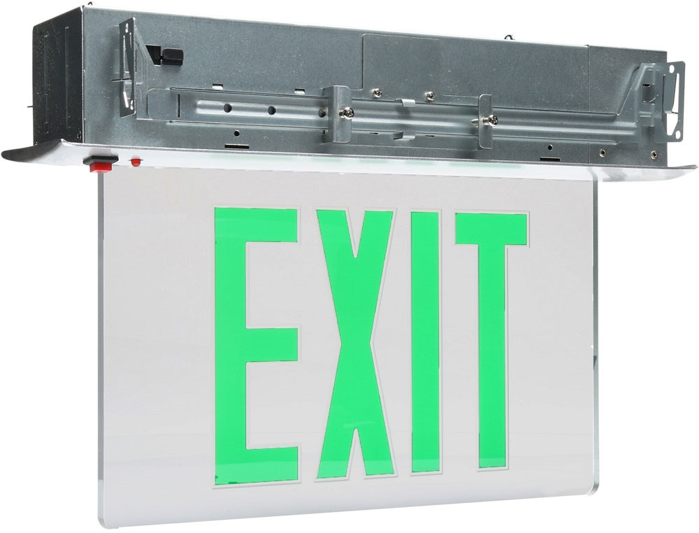LED EdgeLit Exit Sign Recessed Mount - Aluminum Trim Plate with Mirror Panel and Green Lettering