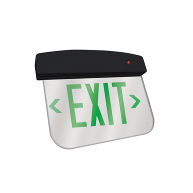 LED Plastic EdgeLit Exit Sign - Black Canopy Surface Mount with Mirror Panel and Green Lettering - With Battery Back-Up