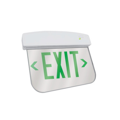 LED Plastic EdgeLit Exit Sign - White Canopy Surface Mount with Mirror Panel and Green Lettering - With Battery Back-Up