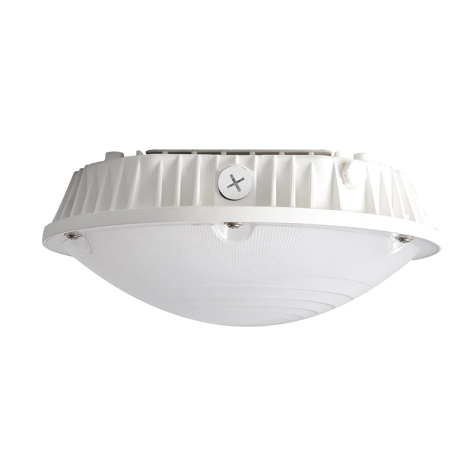 60 Watt LED Round Garage Canopy Light - Ceiling or Conduit Mount - 7100 Lumens - 5000K Daylight - 120-277V - White Finish