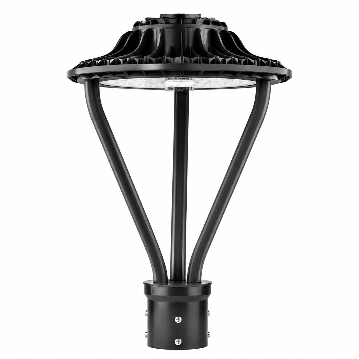 LED post top light fixture, black outdoor pathway light for campuses and parks, studio image