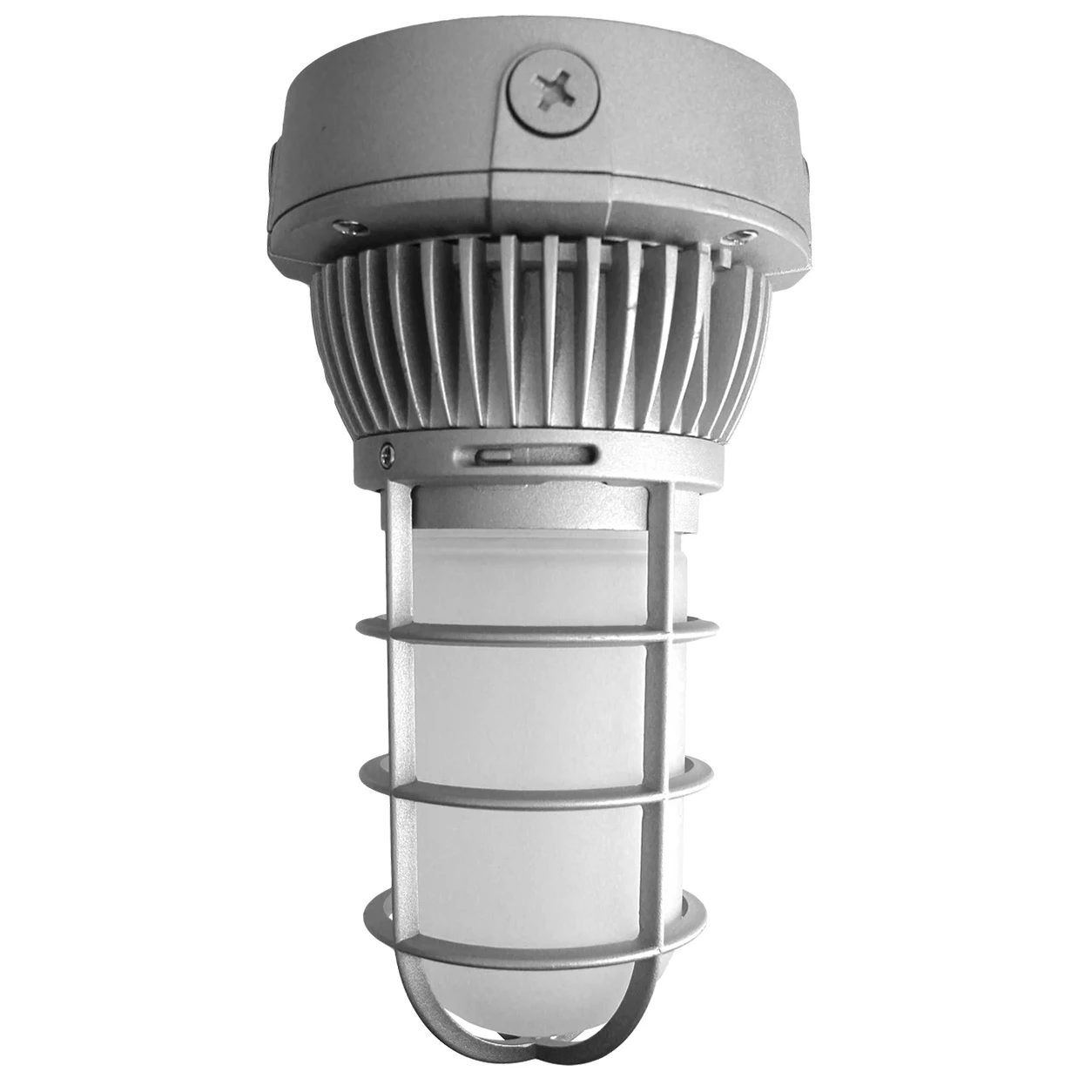 Commercial LED vapor light with silver finish, frosted glass diffuser and protective guard