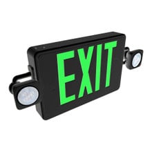 Reduced Profile Combo LED Exit Sign And Emergency Light - Black Housing Color, with Green Lettering - With 90 Minute Battery Back-Up