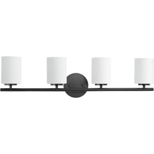 Replay Collection Four-Light Textured Black Etched Glass Modern Bath Vanity Light - Damp Location Listed