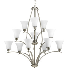 Joy Collection Twelve-Light Brushed Nickel Etched White Inside Glass Traditional Chandelier Light - Dry Location Listed