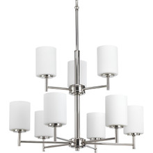 Replay Collection Nine-Light Polished Nickel Etched Painted White Glass Modern Chandelier Light - Dry Location Listed